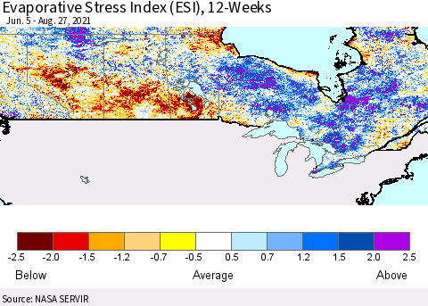 Canada Evaporative Stress Index (ESI), 12-Weeks Thematic Map For 8/23/2021 - 8/29/2021