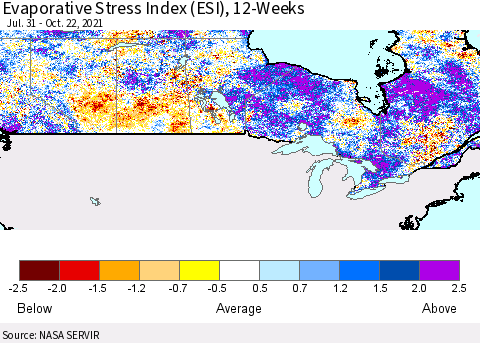 Canada Evaporative Stress Index (ESI), 12-Weeks Thematic Map For 10/18/2021 - 10/24/2021