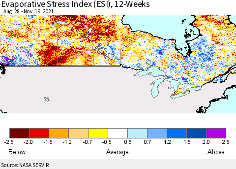 Canada Evaporative Stress Index (ESI), 12-Weeks Thematic Map For 11/15/2021 - 11/21/2021