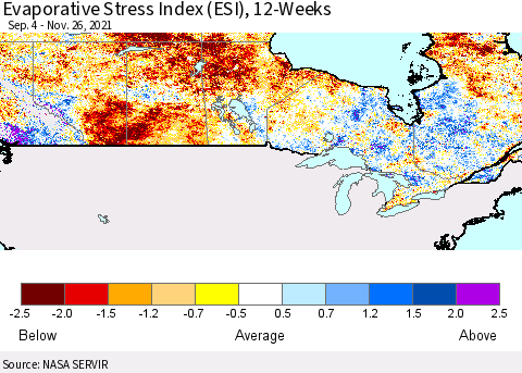 Canada Evaporative Stress Index (ESI), 12-Weeks Thematic Map For 11/22/2021 - 11/28/2021