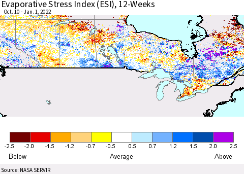 Canada Evaporative Stress Index (ESI), 12-Weeks Thematic Map For 12/27/2021 - 1/2/2022