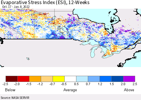 Canada Evaporative Stress Index (ESI), 12-Weeks Thematic Map For 1/3/2022 - 1/9/2022