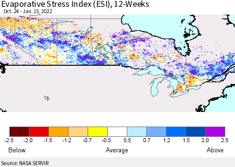Canada Evaporative Stress Index (ESI), 12-Weeks Thematic Map For 1/10/2022 - 1/16/2022
