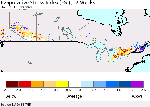 Canada Evaporative Stress Index (ESI), 12-Weeks Thematic Map For 1/24/2022 - 1/30/2022
