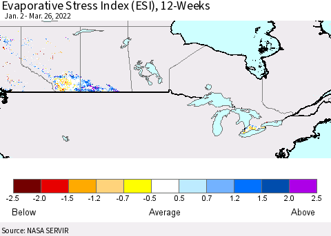 Canada Evaporative Stress Index (ESI), 12-Weeks Thematic Map For 3/21/2022 - 3/27/2022