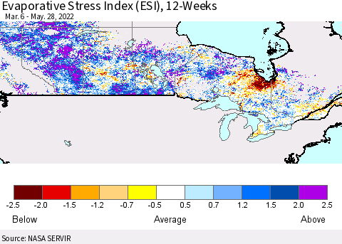 Canada Evaporative Stress Index (ESI), 12-Weeks Thematic Map For 5/23/2022 - 5/29/2022
