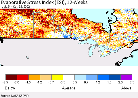 Canada Evaporative Stress Index (ESI), 12-Weeks Thematic Map For 10/10/2022 - 10/16/2022