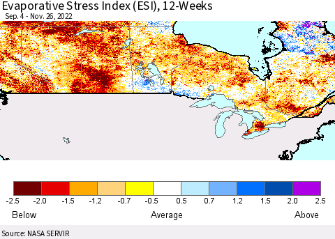 Canada Evaporative Stress Index (ESI), 12-Weeks Thematic Map For 11/21/2022 - 11/27/2022