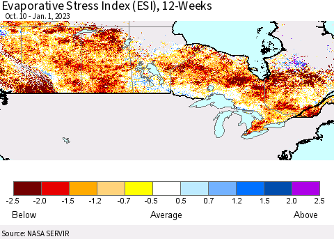 Canada Evaporative Stress Index (ESI), 12-Weeks Thematic Map For 12/26/2022 - 1/1/2023