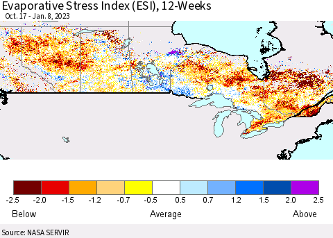 Canada Evaporative Stress Index (ESI), 12-Weeks Thematic Map For 1/2/2023 - 1/8/2023