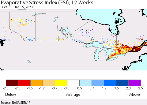 Canada Evaporative Stress Index (ESI), 12-Weeks Thematic Map For 1/16/2023 - 1/22/2023