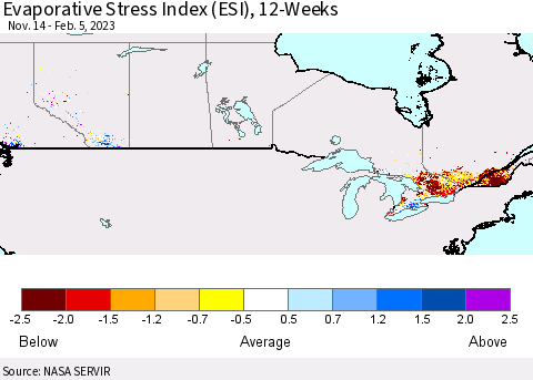 Canada Evaporative Stress Index (ESI), 12-Weeks Thematic Map For 1/30/2023 - 2/5/2023