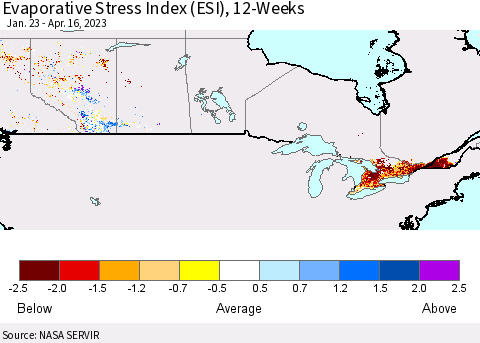 Canada Evaporative Stress Index (ESI), 12-Weeks Thematic Map For 4/10/2023 - 4/16/2023