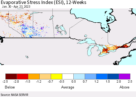 Canada Evaporative Stress Index (ESI), 12-Weeks Thematic Map For 4/17/2023 - 4/23/2023