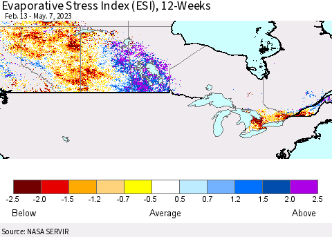 Canada Evaporative Stress Index (ESI), 12-Weeks Thematic Map For 5/1/2023 - 5/7/2023