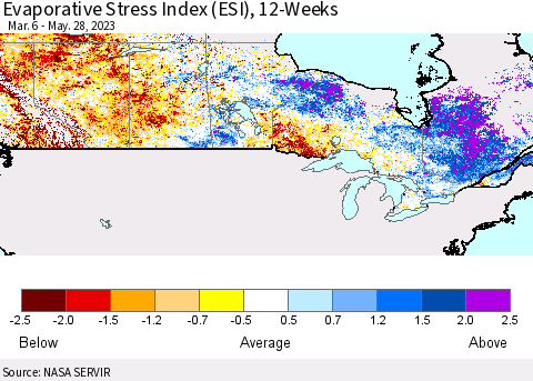 Canada Evaporative Stress Index (ESI), 12-Weeks Thematic Map For 5/22/2023 - 5/28/2023