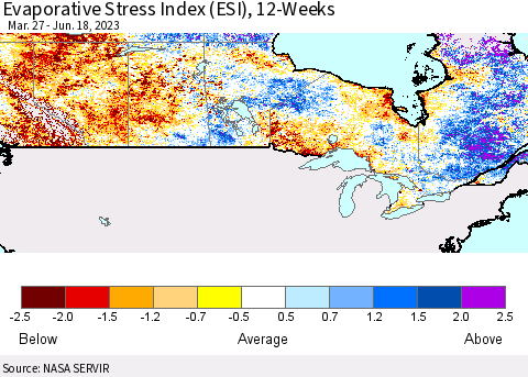 Canada Evaporative Stress Index (ESI), 12-Weeks Thematic Map For 6/12/2023 - 6/18/2023