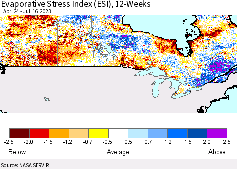 Canada Evaporative Stress Index (ESI), 12-Weeks Thematic Map For 7/10/2023 - 7/16/2023