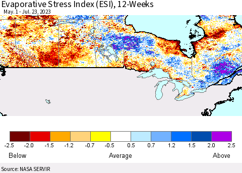 Canada Evaporative Stress Index (ESI), 12-Weeks Thematic Map For 7/17/2023 - 7/23/2023