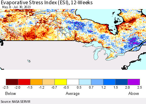 Canada Evaporative Stress Index (ESI), 12-Weeks Thematic Map For 7/24/2023 - 7/30/2023