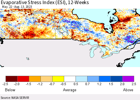 Canada Evaporative Stress Index (ESI), 12-Weeks Thematic Map For 8/7/2023 - 8/13/2023