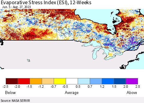 Canada Evaporative Stress Index (ESI), 12-Weeks Thematic Map For 8/21/2023 - 8/27/2023