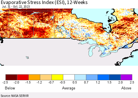 Canada Evaporative Stress Index (ESI), 12-Weeks Thematic Map For 10/16/2023 - 10/22/2023