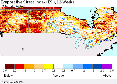 Canada Evaporative Stress Index (ESI), 12-Weeks Thematic Map For 10/23/2023 - 10/29/2023