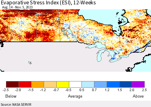 Canada Evaporative Stress Index (ESI), 12-Weeks Thematic Map For 10/30/2023 - 11/5/2023