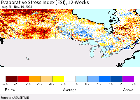 Canada Evaporative Stress Index (ESI), 12-Weeks Thematic Map For 11/13/2023 - 11/19/2023