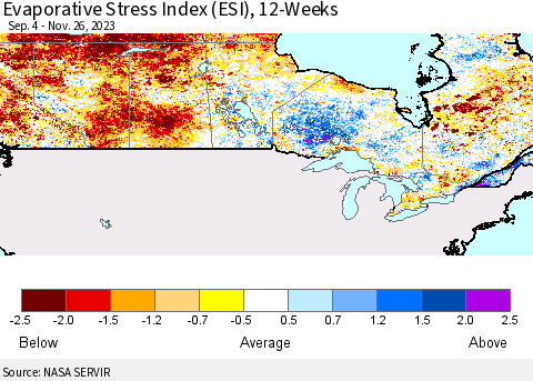 Canada Evaporative Stress Index (ESI), 12-Weeks Thematic Map For 11/20/2023 - 11/26/2023