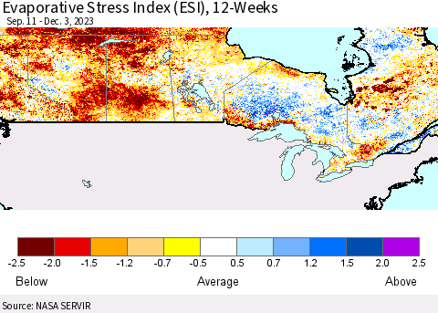 Canada Evaporative Stress Index (ESI), 12-Weeks Thematic Map For 11/27/2023 - 12/3/2023