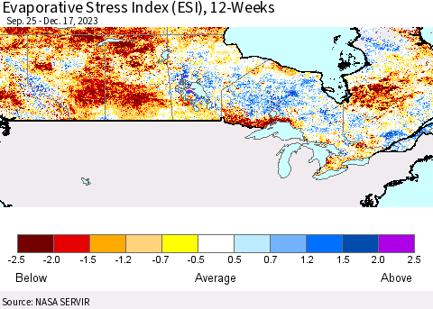 Canada Evaporative Stress Index (ESI), 12-Weeks Thematic Map For 12/11/2023 - 12/17/2023