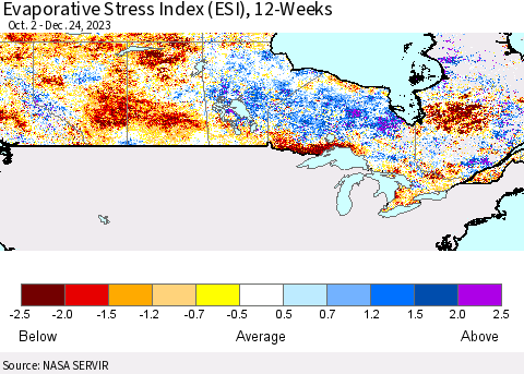 Canada Evaporative Stress Index (ESI), 12-Weeks Thematic Map For 12/18/2023 - 12/24/2023