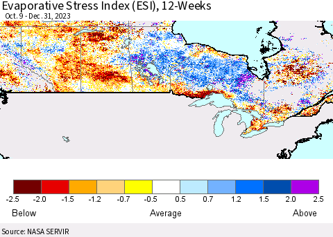 Canada Evaporative Stress Index (ESI), 12-Weeks Thematic Map For 12/25/2023 - 12/31/2023