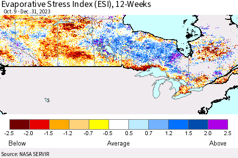 Canada Evaporative Stress Index (ESI), 12-Weeks Thematic Map For 1/1/2024 - 1/7/2024