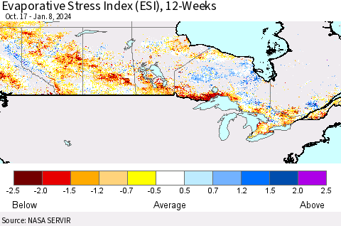 Canada Evaporative Stress Index (ESI), 12-Weeks Thematic Map For 1/8/2024 - 1/14/2024