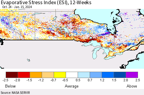 Canada Evaporative Stress Index (ESI), 12-Weeks Thematic Map For 1/15/2024 - 1/21/2024