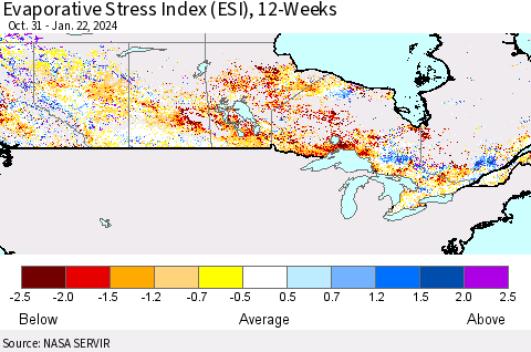 Canada Evaporative Stress Index (ESI), 12-Weeks Thematic Map For 1/22/2024 - 1/28/2024