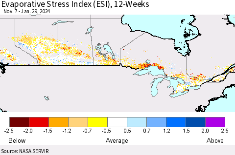 Canada Evaporative Stress Index (ESI), 12-Weeks Thematic Map For 1/29/2024 - 2/4/2024