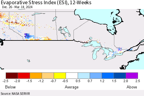 Canada Evaporative Stress Index (ESI), 12-Weeks Thematic Map For 3/18/2024 - 3/24/2024