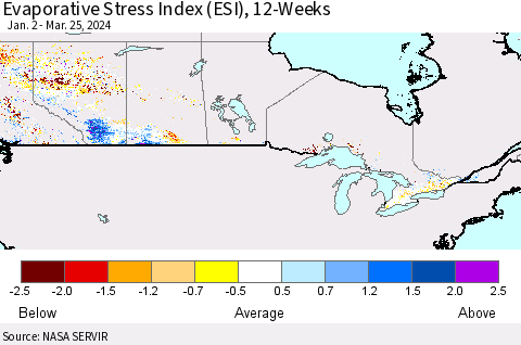 Canada Evaporative Stress Index (ESI), 12-Weeks Thematic Map For 3/25/2024 - 3/31/2024