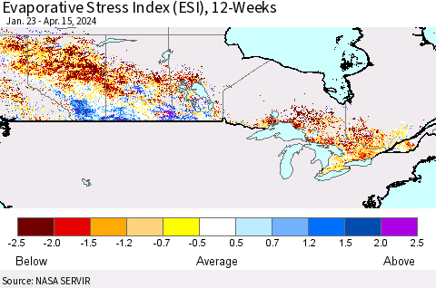 Canada Evaporative Stress Index (ESI), 12-Weeks Thematic Map For 4/15/2024 - 4/21/2024