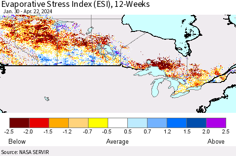 Canada Evaporative Stress Index (ESI), 12-Weeks Thematic Map For 4/22/2024 - 4/28/2024