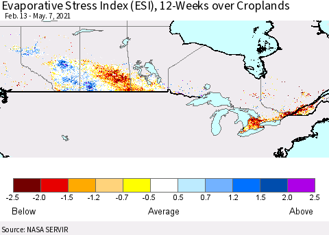 Canada Evaporative Stress Index (ESI), 12-Weeks over Croplands Thematic Map For 5/3/2021 - 5/9/2021