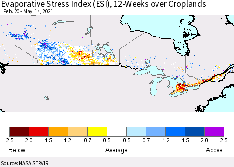 Canada Evaporative Stress Index (ESI), 12-Weeks over Croplands Thematic Map For 5/10/2021 - 5/16/2021