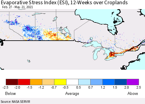 Canada Evaporative Stress Index (ESI), 12-Weeks over Croplands Thematic Map For 5/17/2021 - 5/23/2021