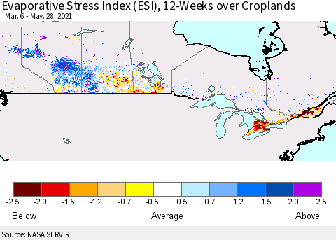 Canada Evaporative Stress Index (ESI), 12-Weeks over Croplands Thematic Map For 5/24/2021 - 5/30/2021