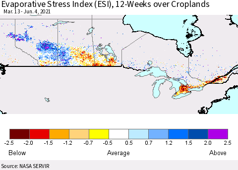 Canada Evaporative Stress Index (ESI), 12-Weeks over Croplands Thematic Map For 5/31/2021 - 6/6/2021