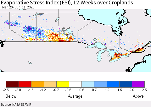 Canada Evaporative Stress Index (ESI), 12-Weeks over Croplands Thematic Map For 6/7/2021 - 6/13/2021